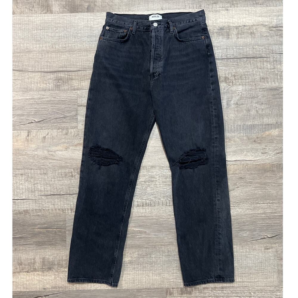 AGOLDE 90s Pinch Straight Leg Jeans Size 29 Black Denim Distressed High Rise
